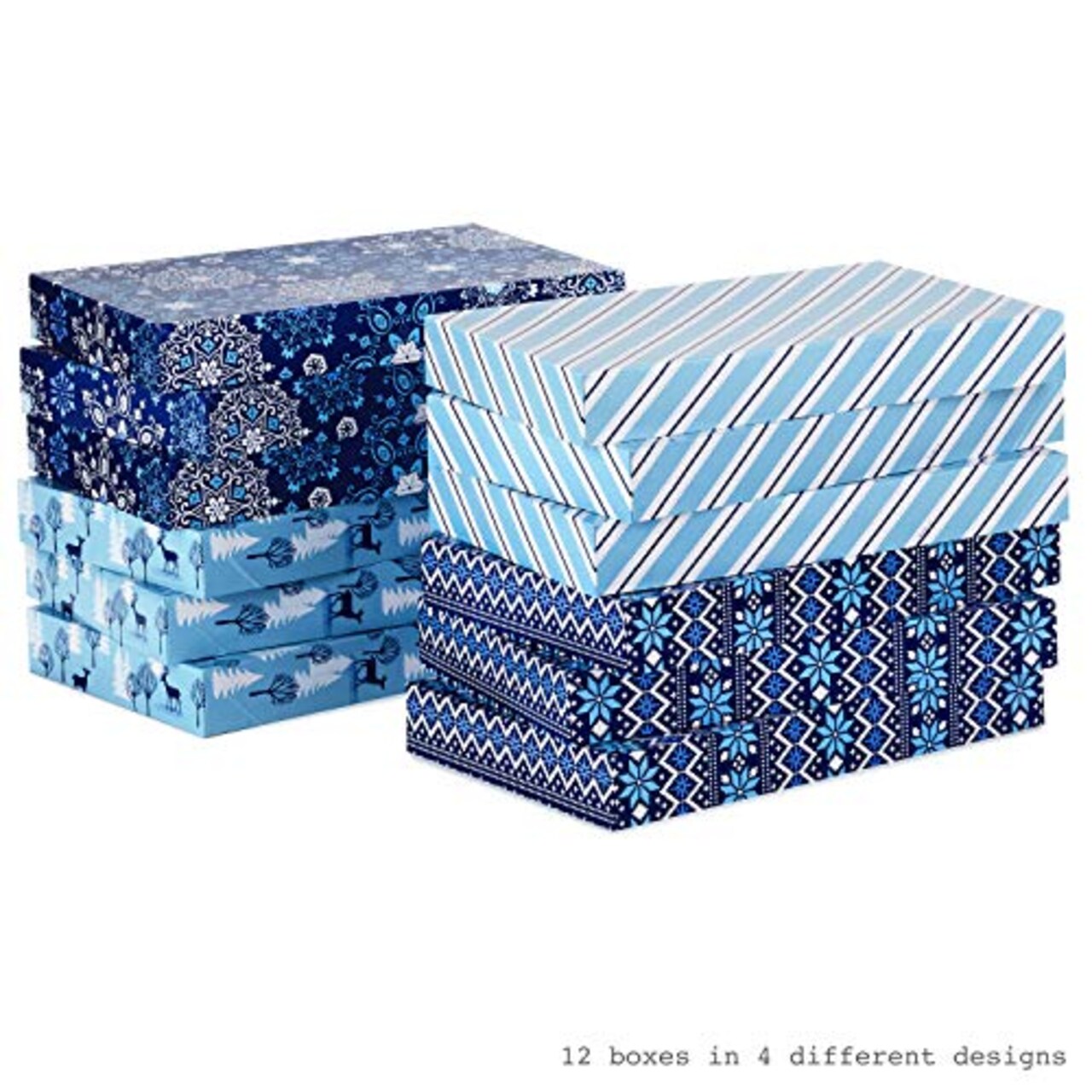 12 Pieces Holiday Designed Shirt Boxes, Snowy Blues Snowflakes, Stripes, Sweater Pattern, Reindeer